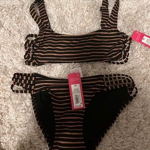 Target striped bathing suit, hipster bottoms, size xs, glitter pink ish brown